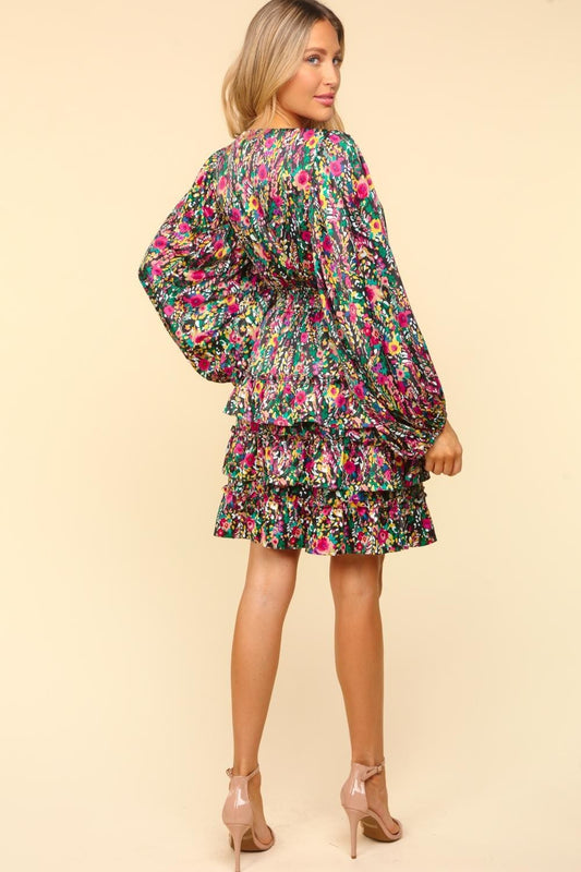 Haptics V-Neck Satin Floral Layered Dress - Trendsi