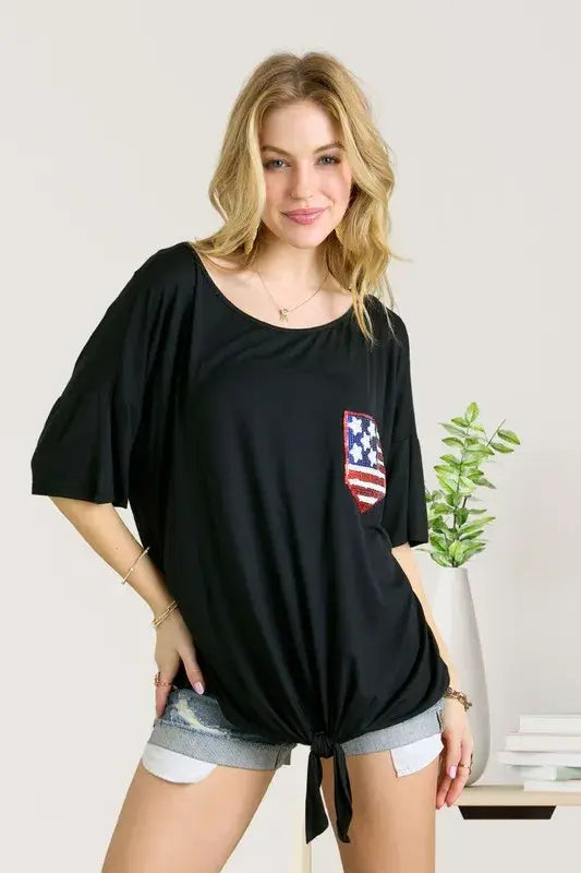 ADORA Sequin US Flag Pocketed Top - Trendsi - Flyclothing LLC