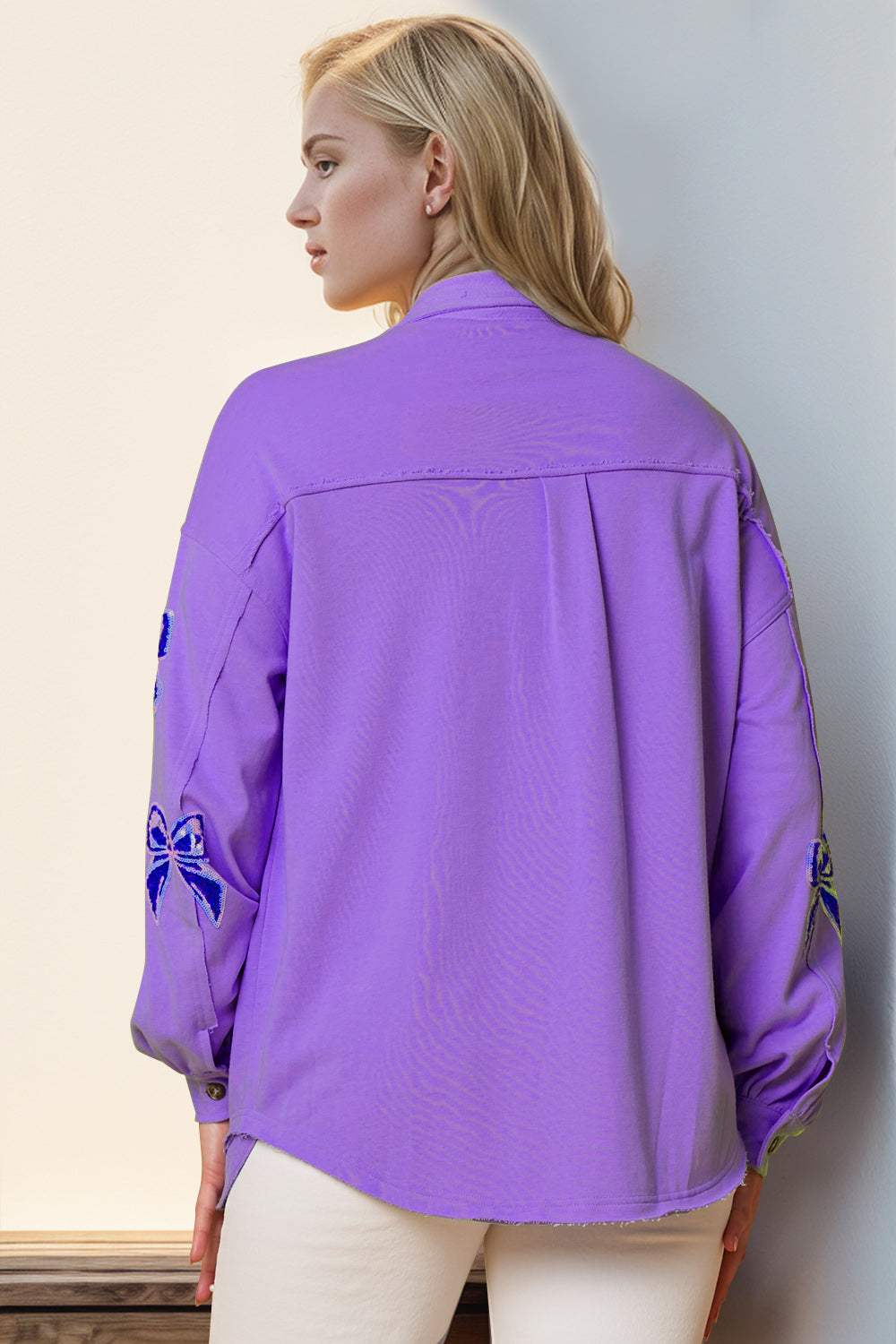 Double Take Full Size Sequin Bow Button Up Shacket - Trendsi - Flyclothing LLC