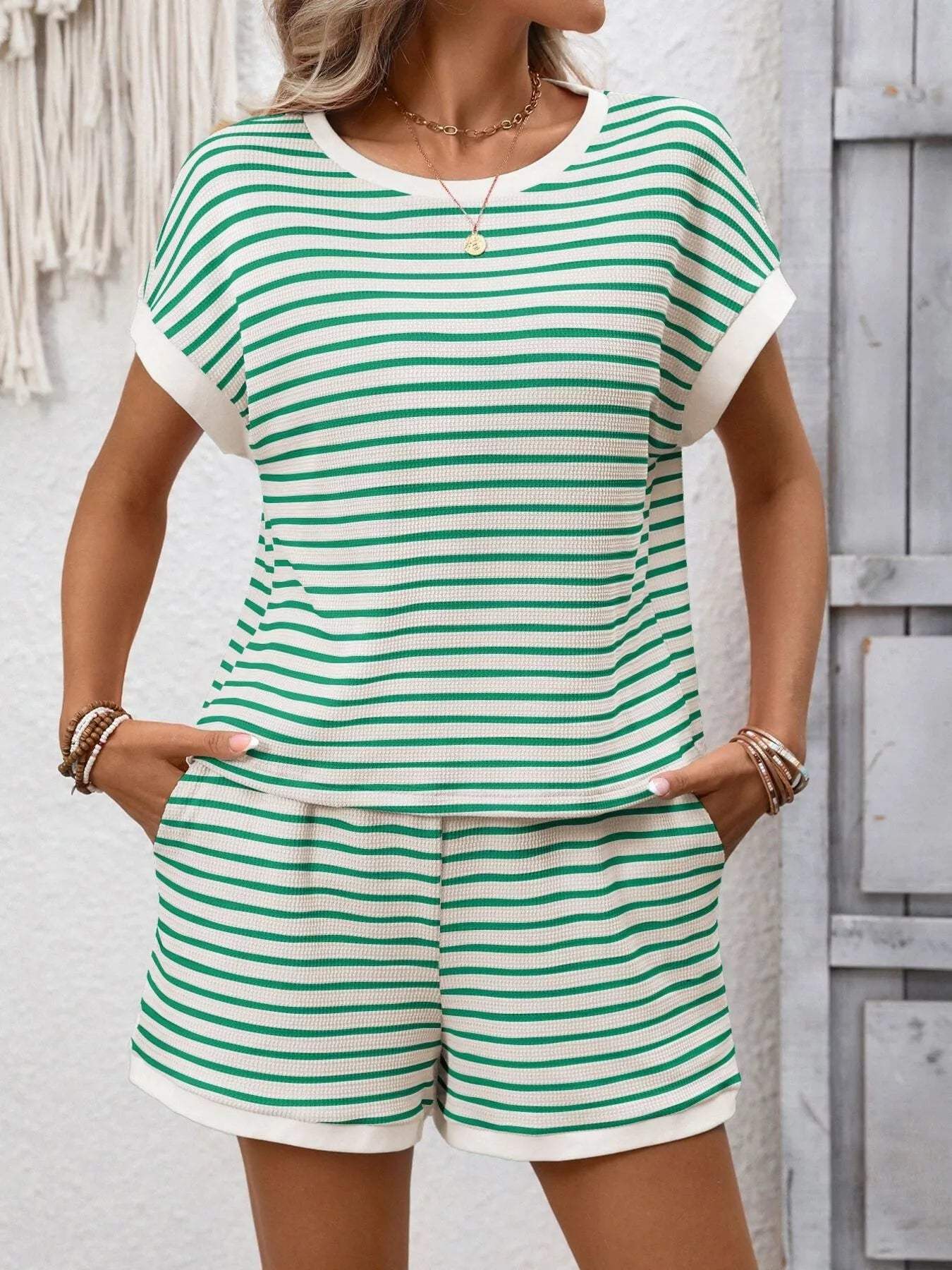 Striped Casual Round Neck Top and Shorts Set - Trendsi - Flyclothing LLC