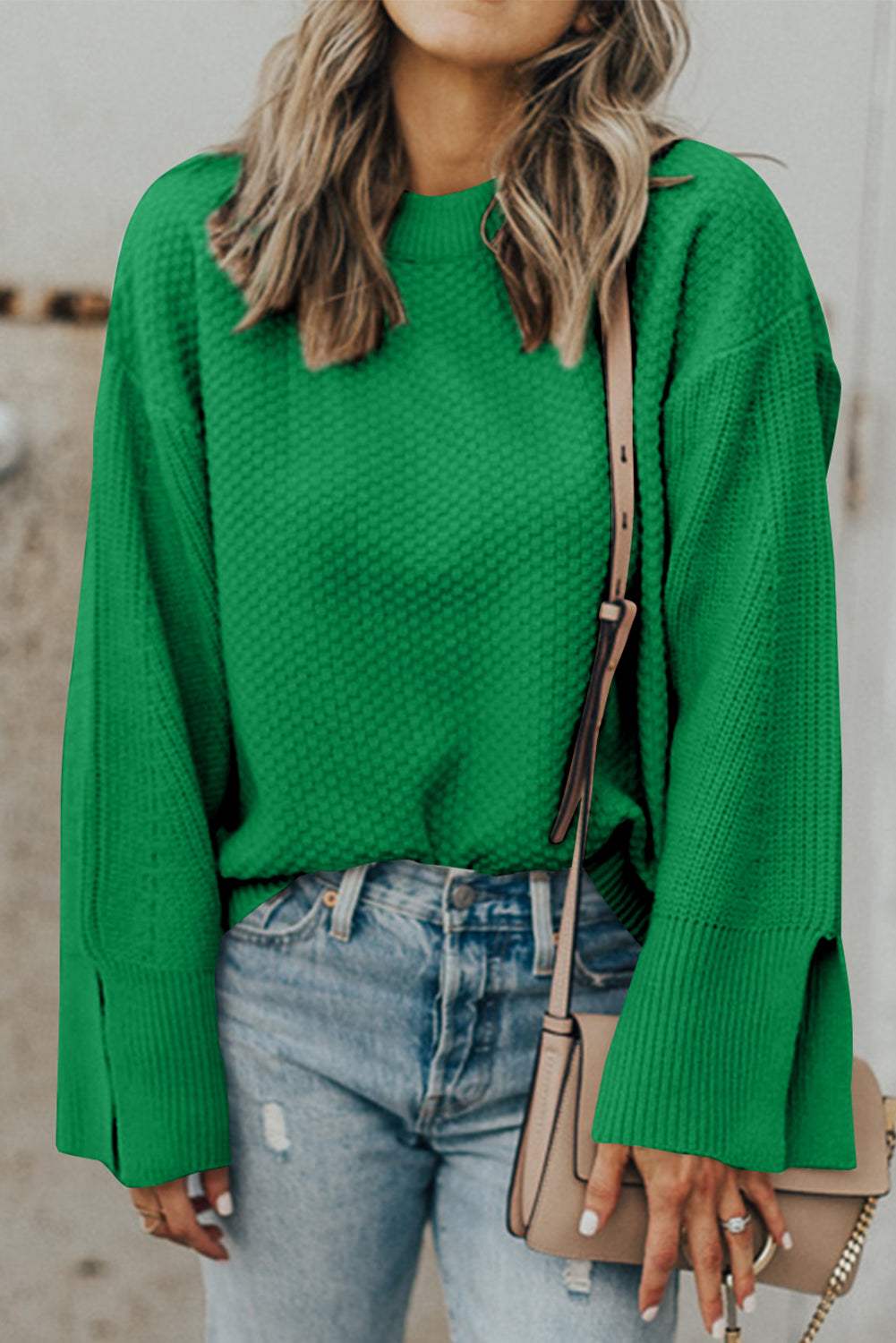 Textured Round Neck Long Sleeve Sweater - Trendsi - Flyclothing LLC