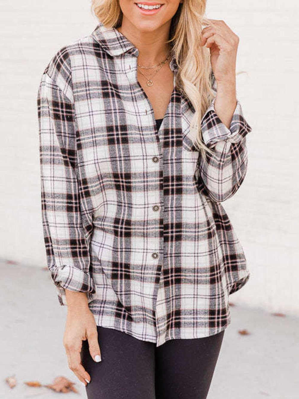 Plaid Collared Neck Long Sleeve Shirt - Trendsi - Flyclothing LLC