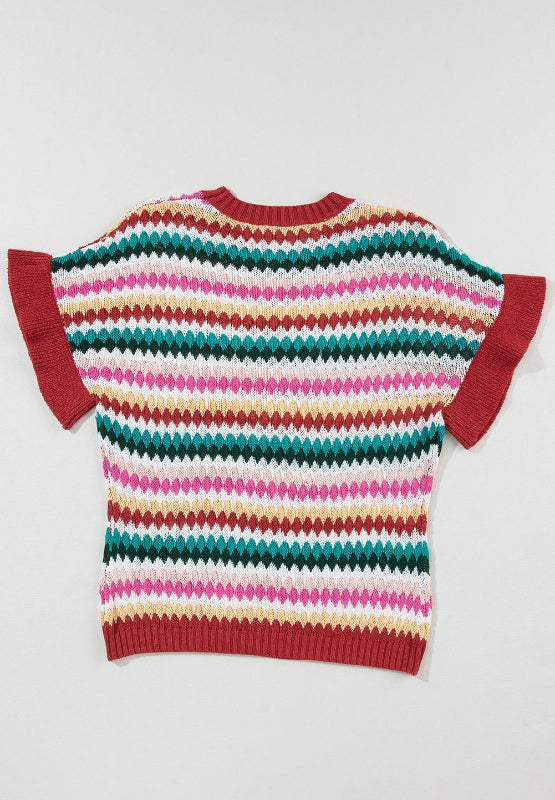 Contrast Round Neck Short Sleeve Sweater - Trendsi - Flyclothing LLC