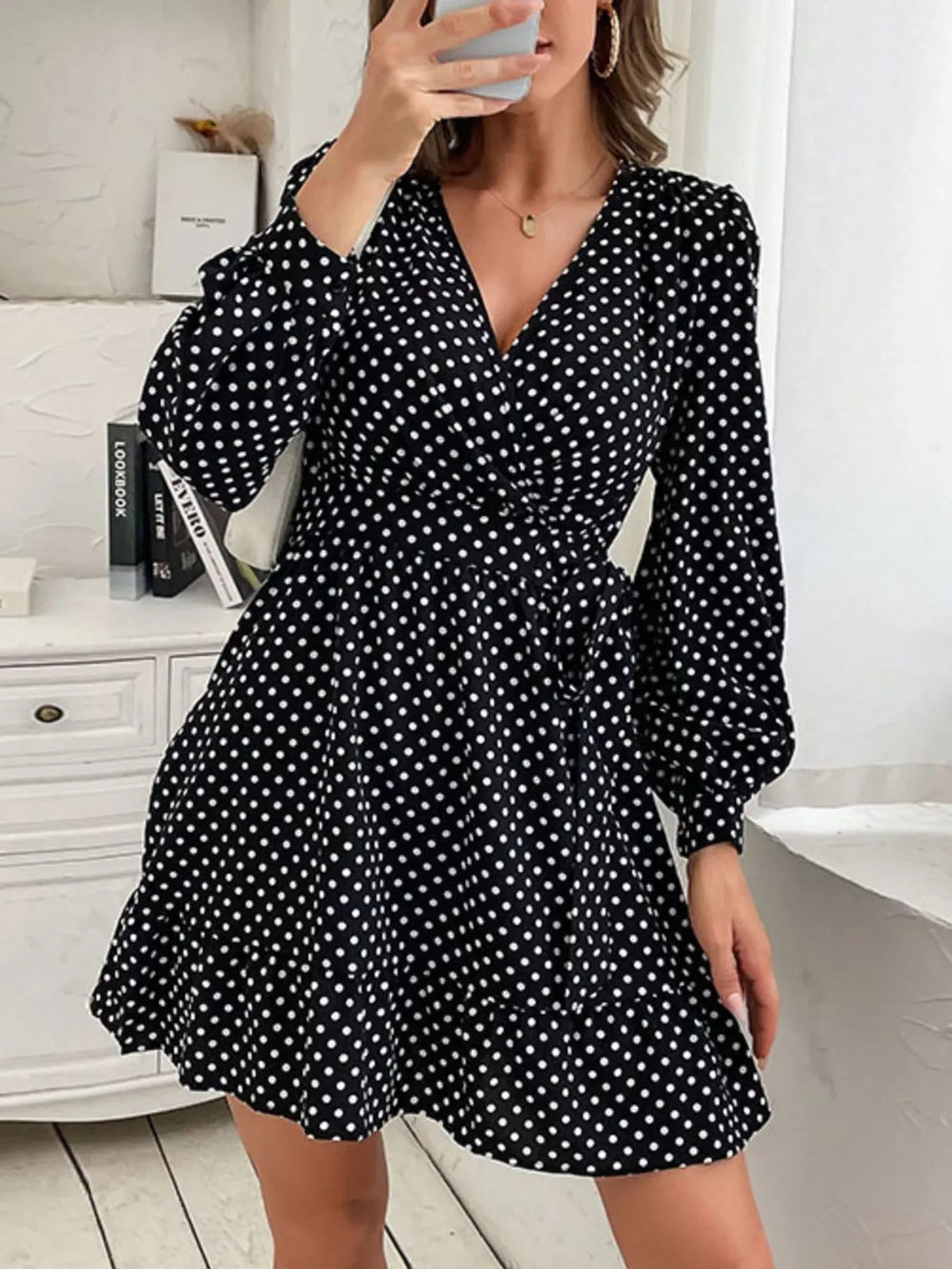 Polka Dot Wrap Mini Dress - Trendsi - Flyclothing LLC