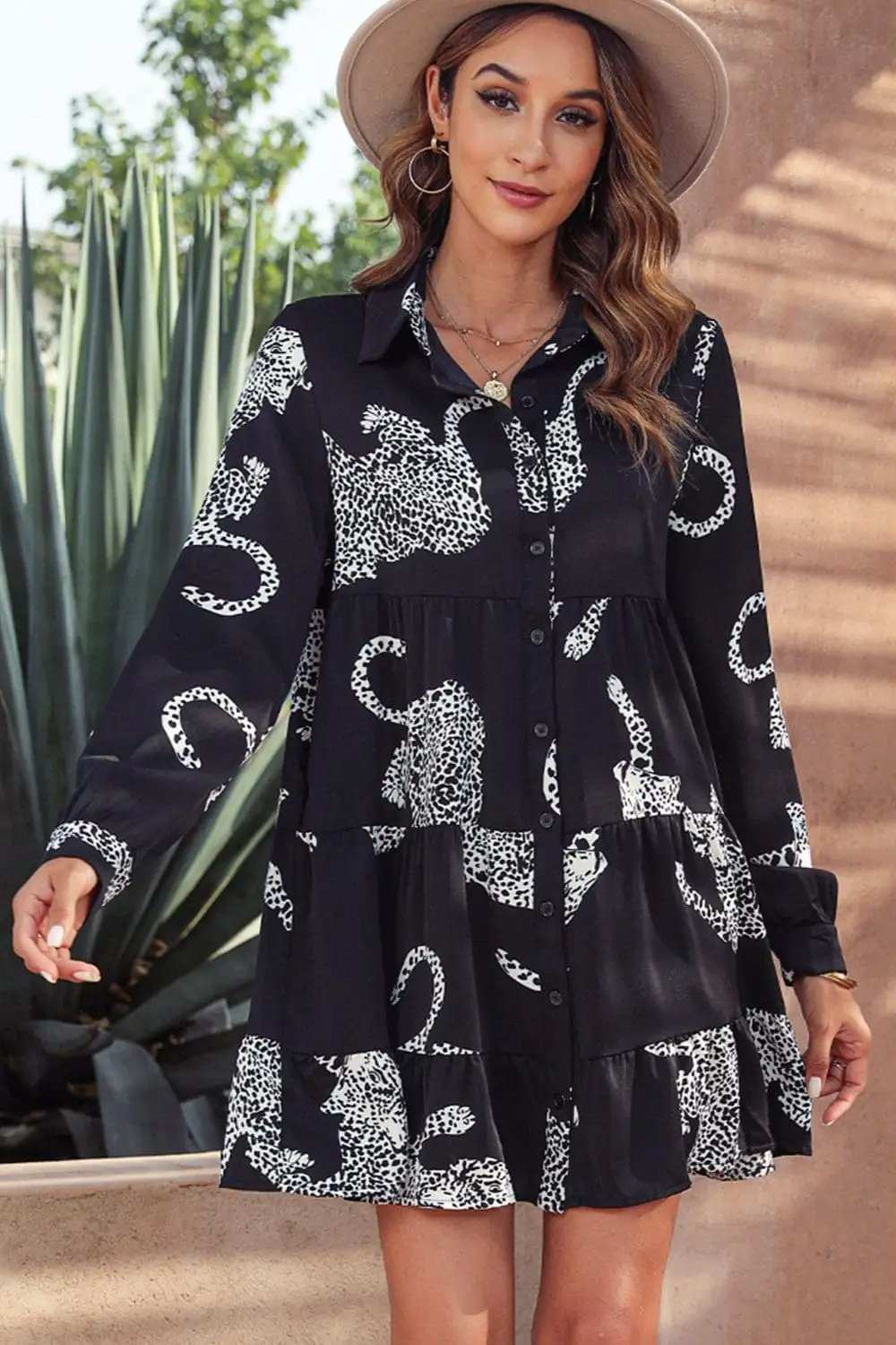 Leopard Collared Neck Long Sleeve Mini Dress - Trendsi - Flyclothing LLC