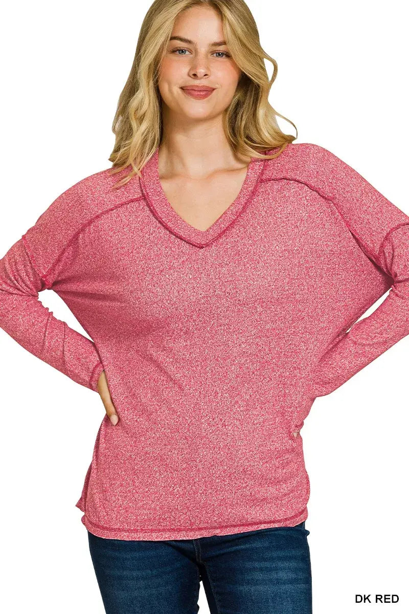 Zenana Soft Melange Hacci Exposed Seam Hi-low Tee - Trendsi - Flyclothing LLC