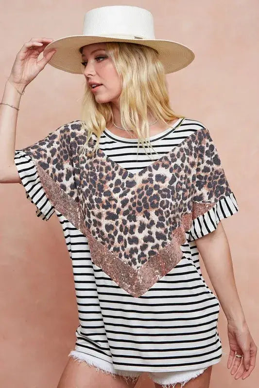 BiBi Stripe Rayon Span Knit Color Block Top With Leopard - Trendsi - Flyclothing LLC