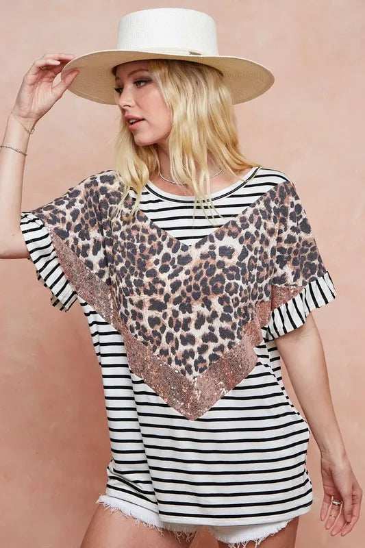 BiBi Stripe Rayon Span Knit Color Block Top With Leopard - Trendsi - Flyclothing LLC