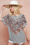 BiBi Stripe Rayon Span Knit Color Block Top With Leopard - Trendsi - Flyclothing LLC