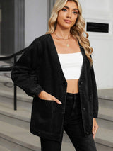 Pocketed V-Neck Button Up Denim Jacket - Trendsi - Flyclothing LLC
