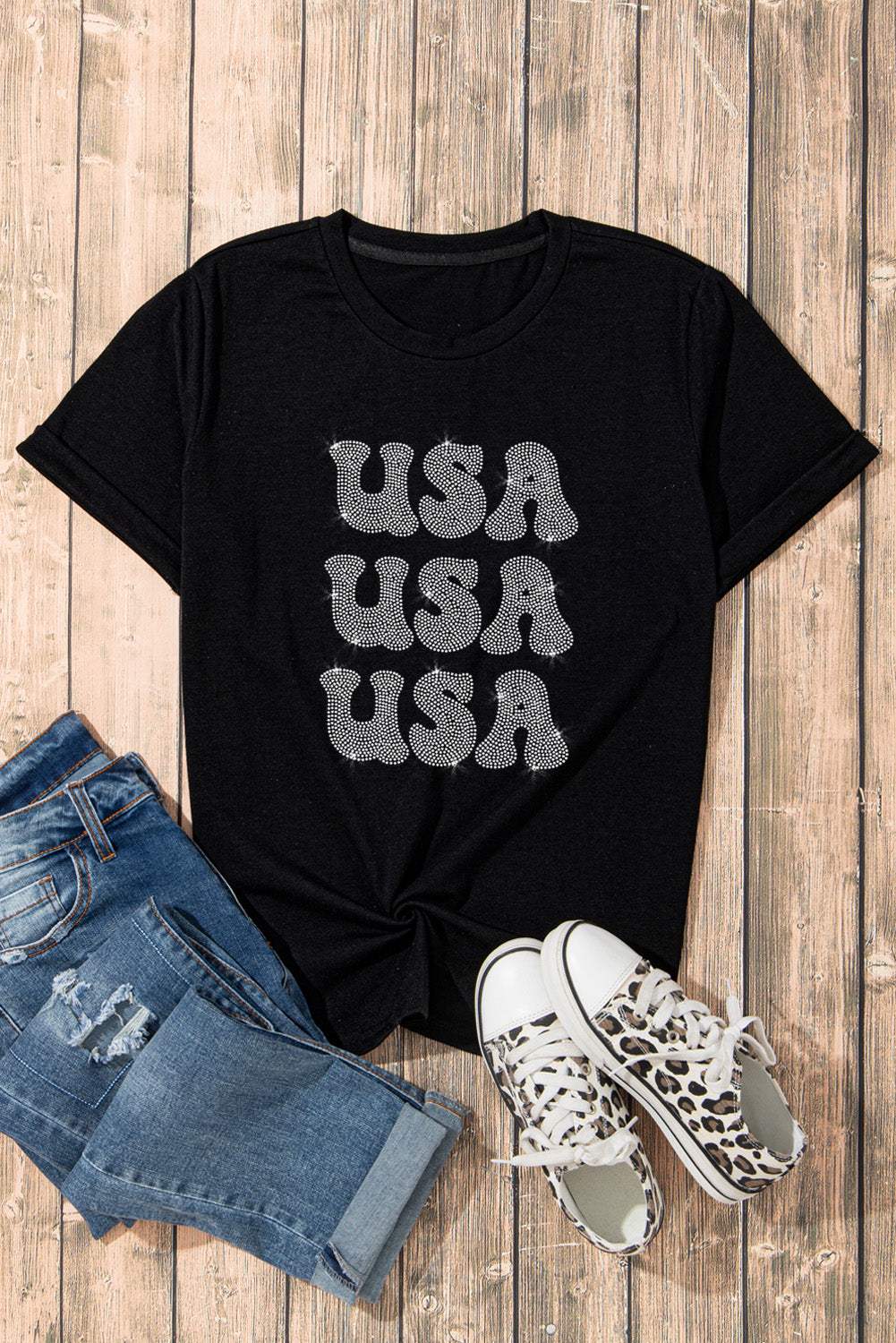 USA Rhinestone Round Neck Short Sleeve T-Shirt - Trendsi - Flyclothing LLC