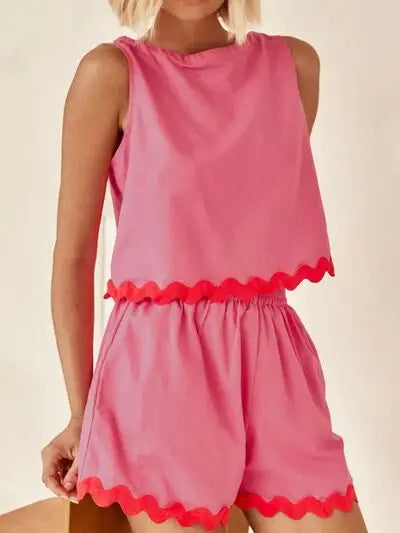 Contrast Trim Round Neck Tank and Shorts Set - Trendsi - Flyclothing LLC