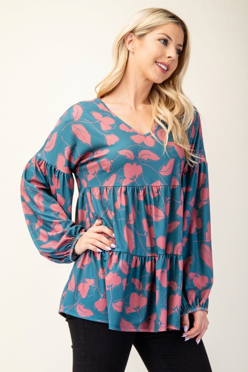 Celeste Full Size Tiered Floral V-Neck Long Sleeve Blouse - Trendsi