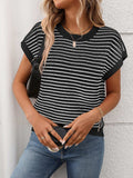 Striped Round Neck Short Sleeve Knit Top - Trendsi - Flyclothing LLC