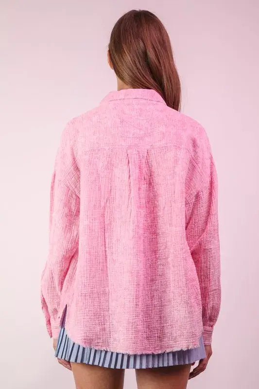 VERY J Mineral Washed Gauze Shirt Top - Trendsi - Flyclothing LLC