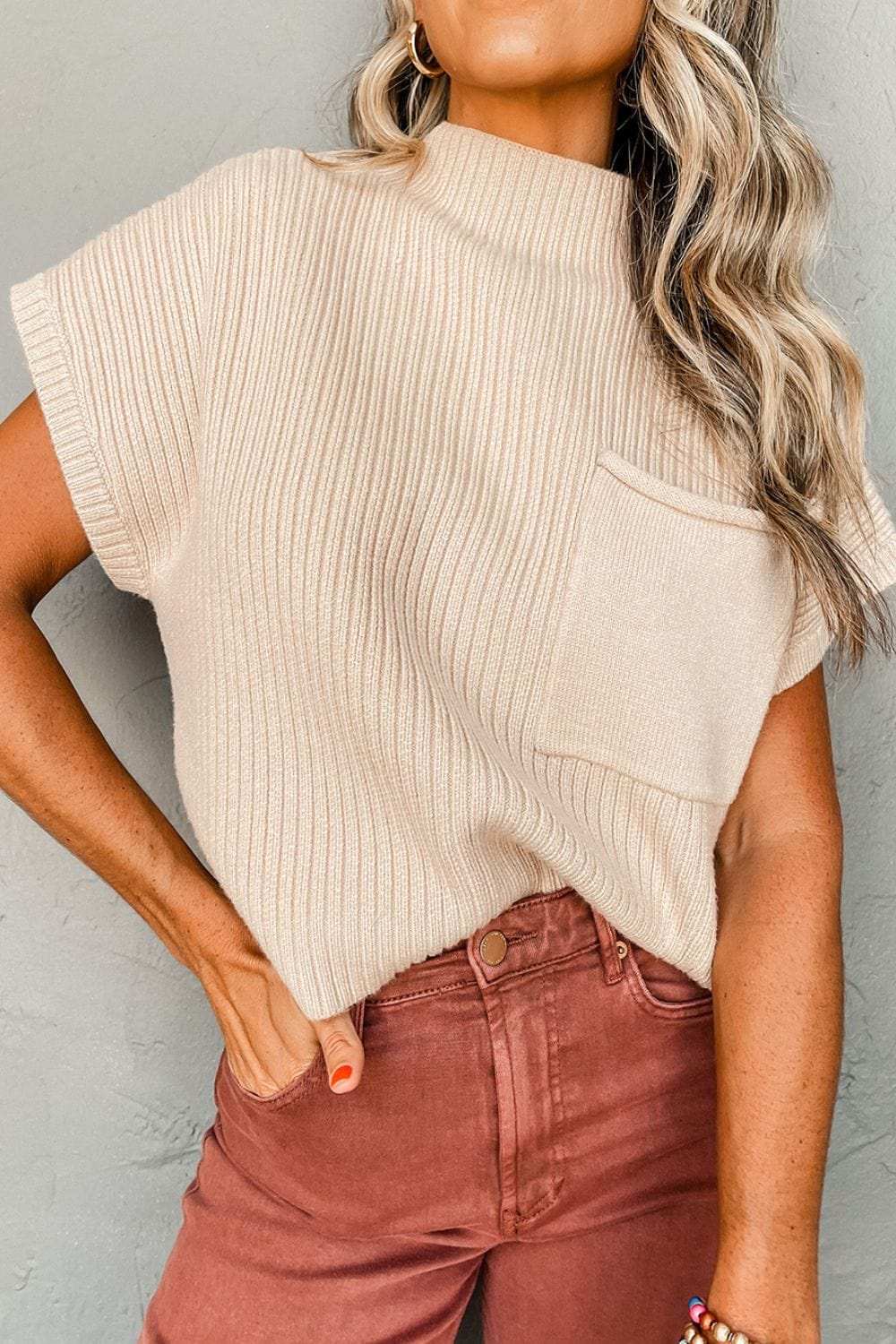 Mock Neck Sweater Vest with Chest Pocket - Trendsi - Flyclothing LLC