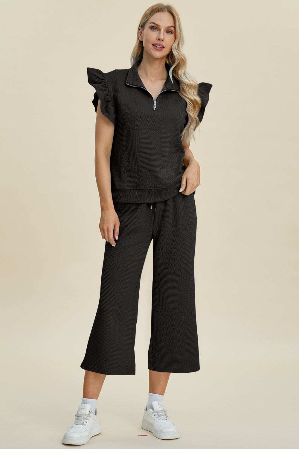 Double Take Full Size Texture Ruffle Short Sleeve Top and Wide Leg Pants Set - Trendsi - Flyclothing LLC