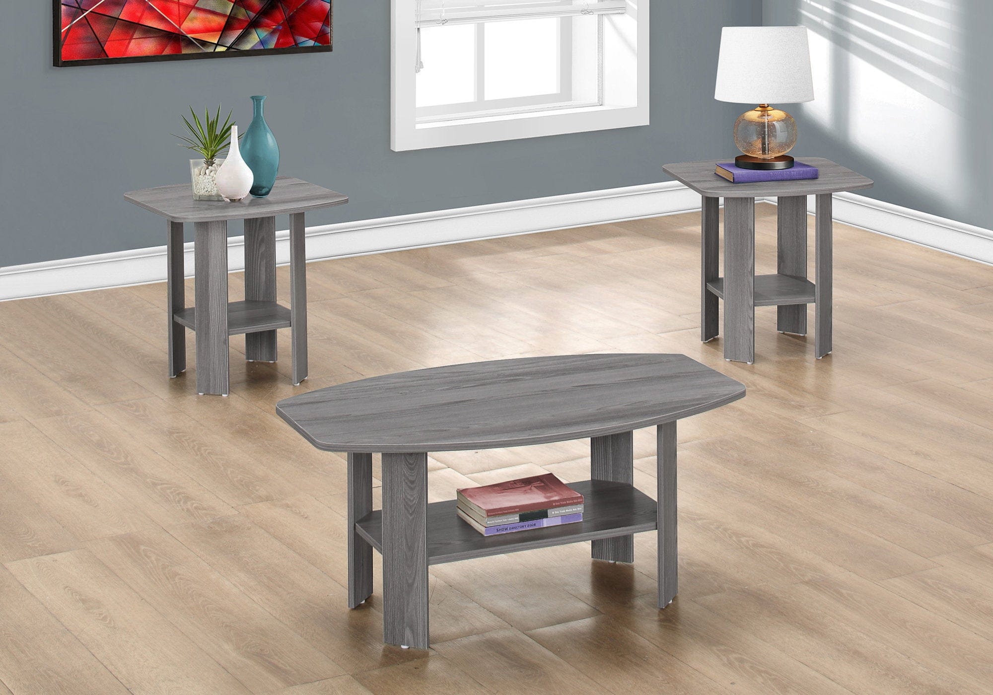 Set of Three 36" Gray Coffee Table With Shelf - Homeroots - Flyclothing LLC