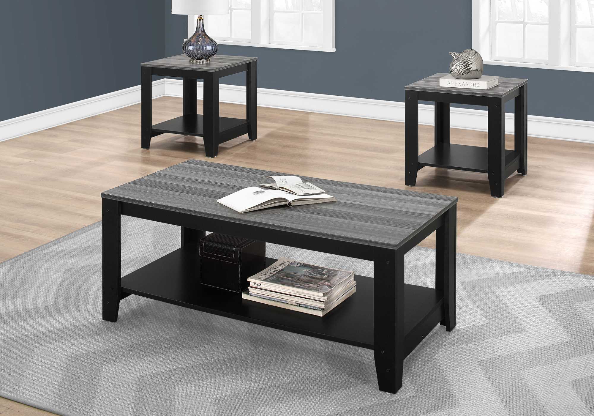 Set of Three 42" Gray And Black Coffee Table With Shelf - Homeroots