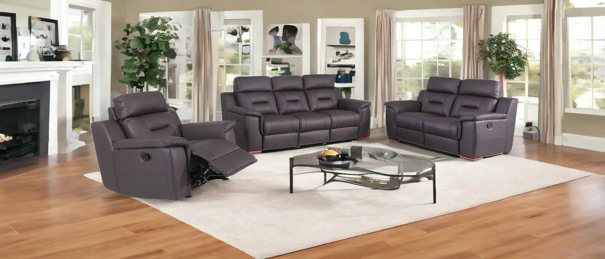 Three Piece Indoor Brown Genuine Leather Five Person Seating Set - Homeroots - Flyclothing LLC