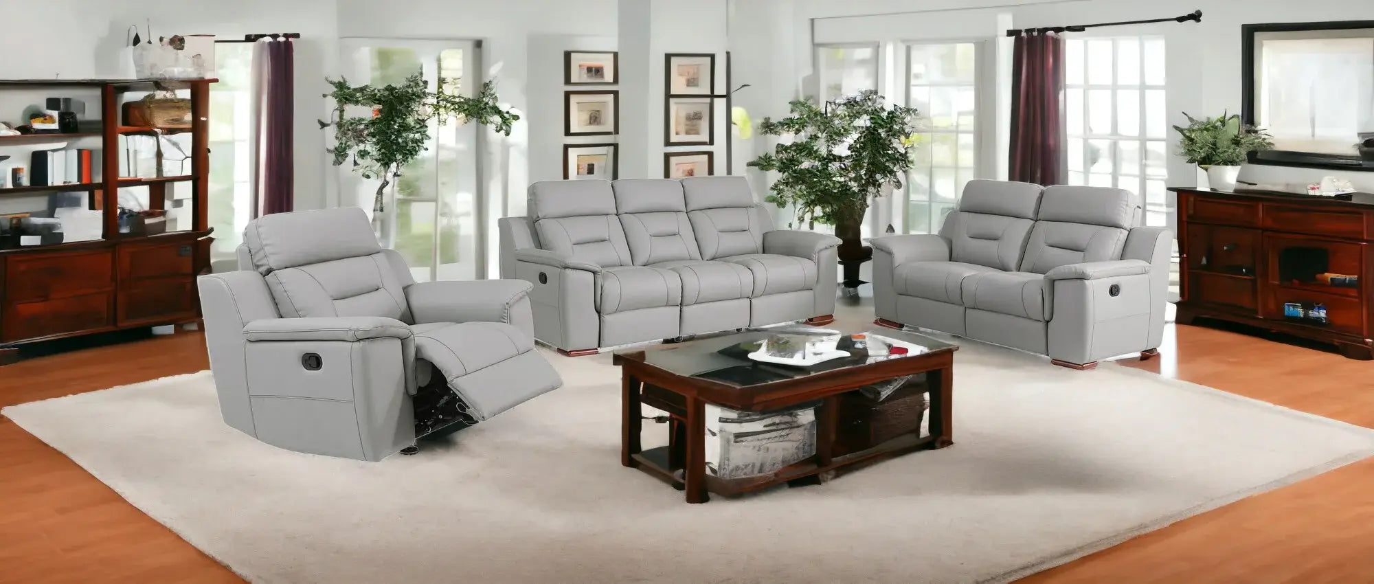 Three Piece Indoor Gray Genuine Leather Five Person Seating Set - Homeroots - Flyclothing LLC