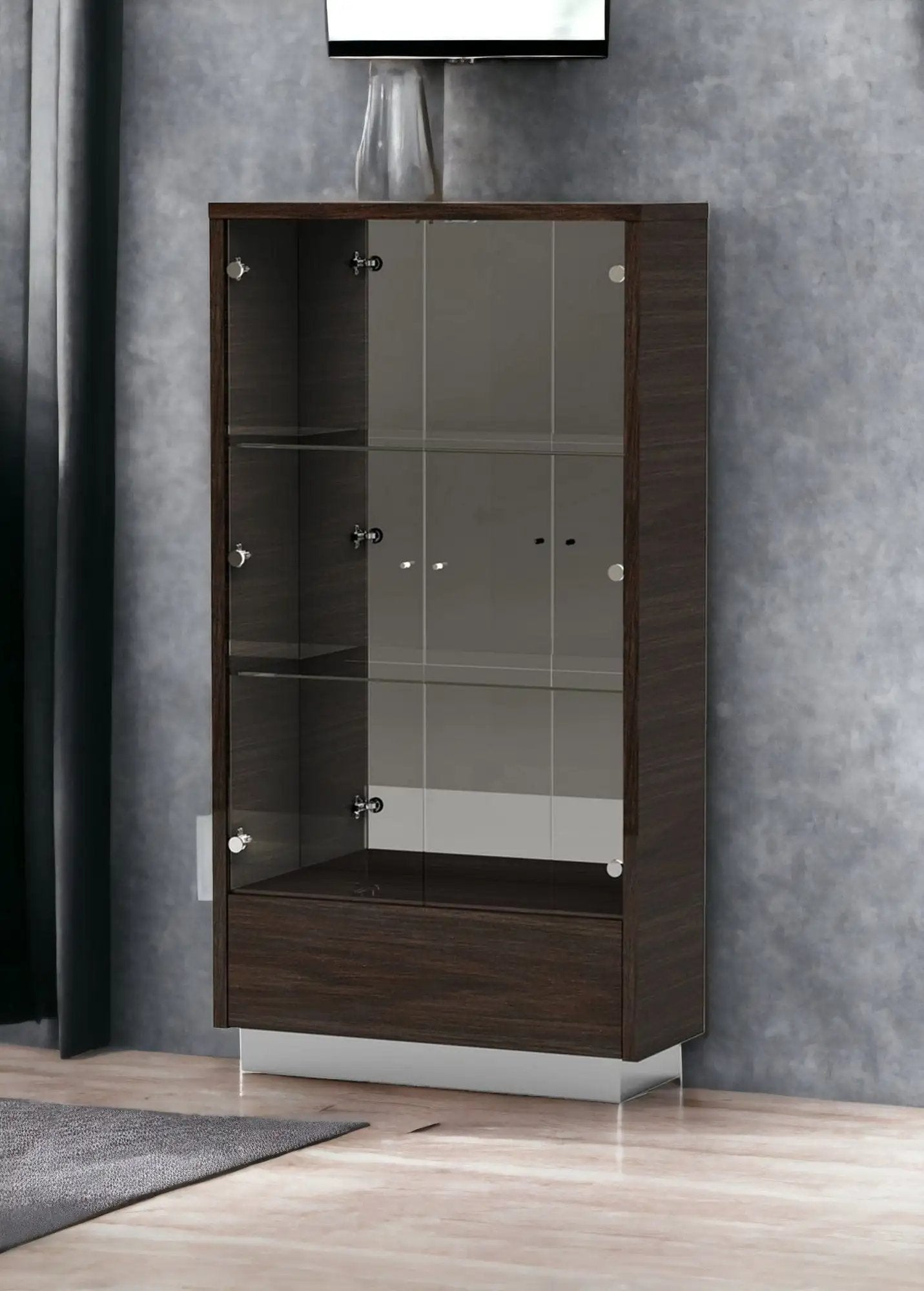 43" Silver and Dark Brown Display Stand With Three Shelves And One Drawer - Homeroots - Flyclothing LLC