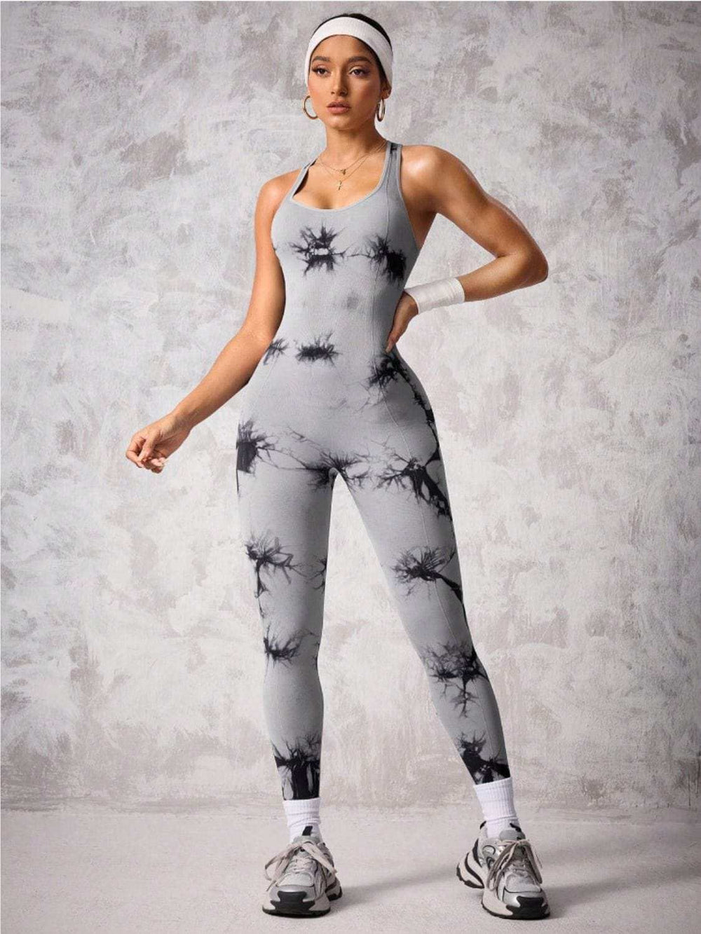Back Crisscross Tie-Dye Scoop Neck Active Jumpsuit - Trendsi - Flyclothing LLC