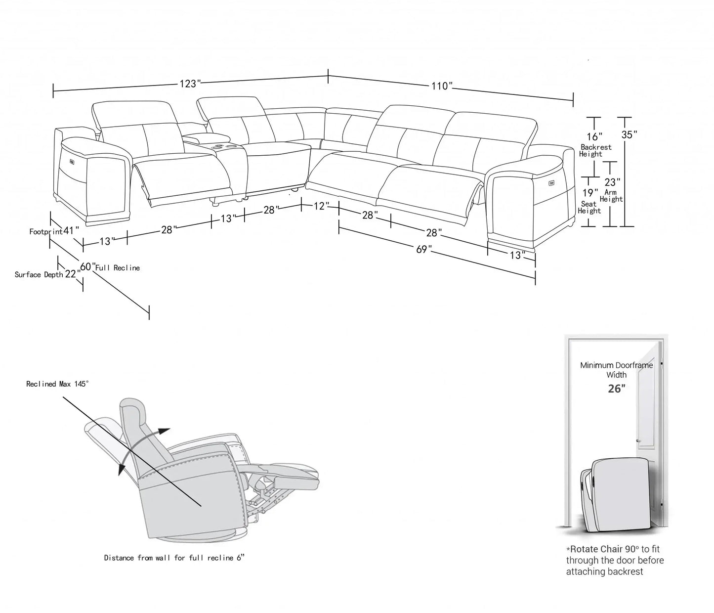 Camel Italian Leather Power Reclining U Shaped Six Piece Corner Sectional With Console - Homeroots - Flyclothing LLC
