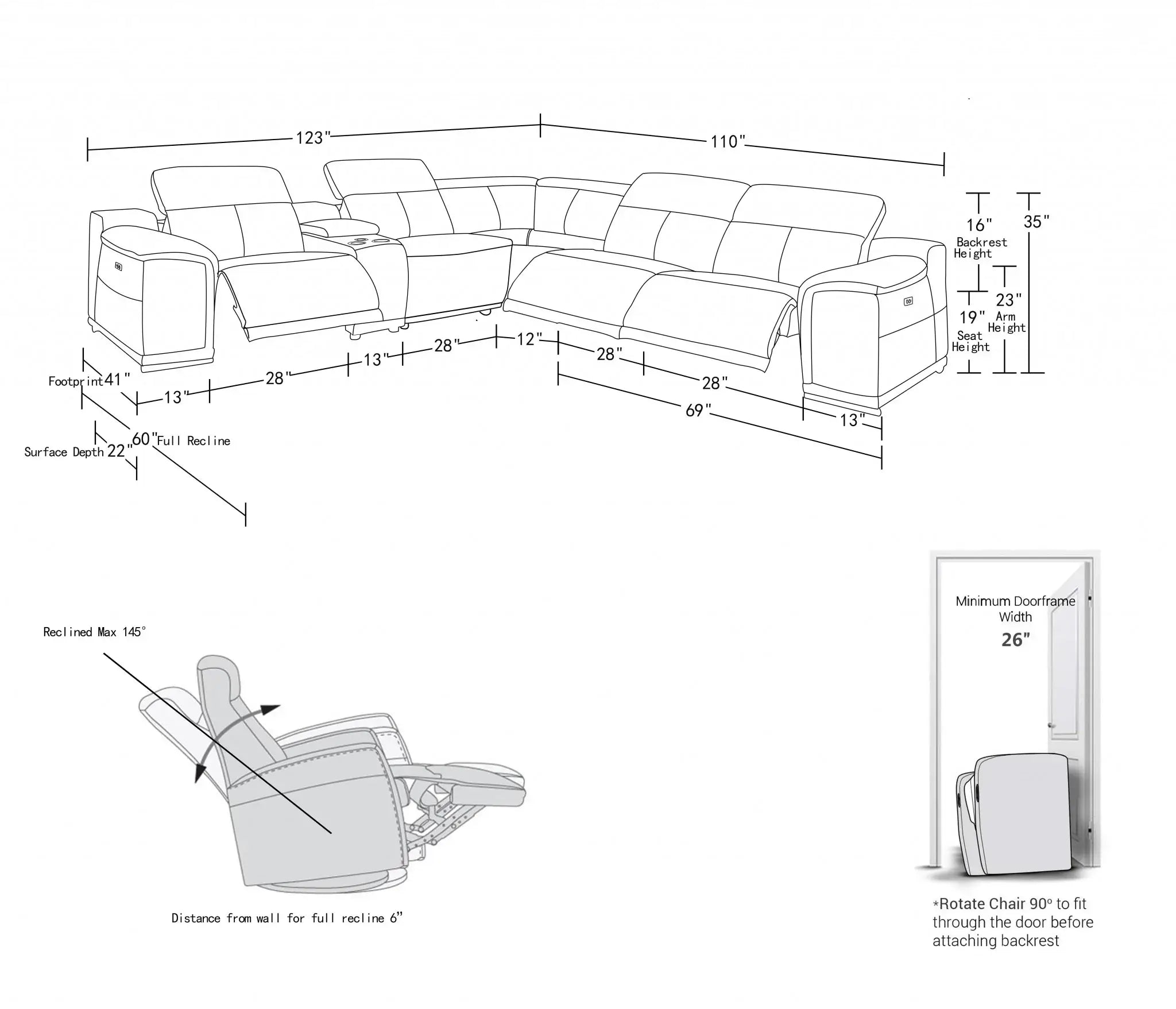 Camel Italian Leather Power Reclining U Shaped Six Piece Corner Sectional With Console - Homeroots - Flyclothing LLC