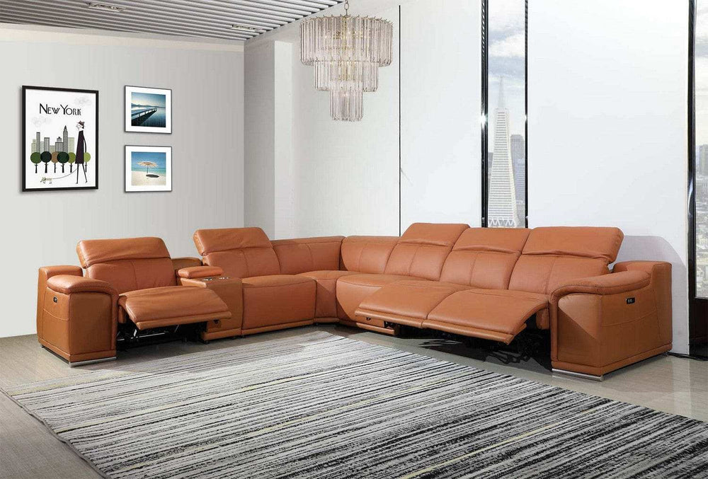 Camel Italian Leather Power Reclining U Shaped Seven Piece Corner Sectional With Console - Homeroots - Flyclothing LLC