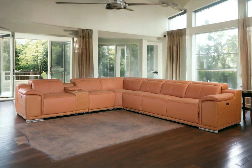 Camel Italian Leather Power Reclining U Shaped Seven Piece Corner Sectional With Console - Homeroots - Flyclothing LLC