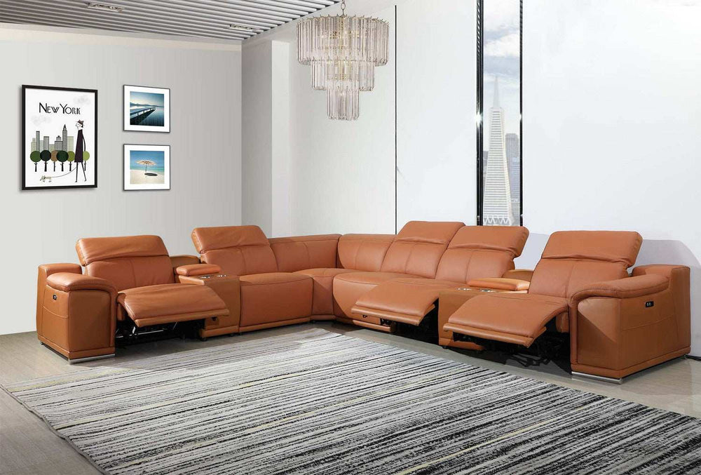 Camel Italian Leather Power Reclining U Shaped Eight Piece Corner Sectional With Console - Homeroots - Flyclothing LLC