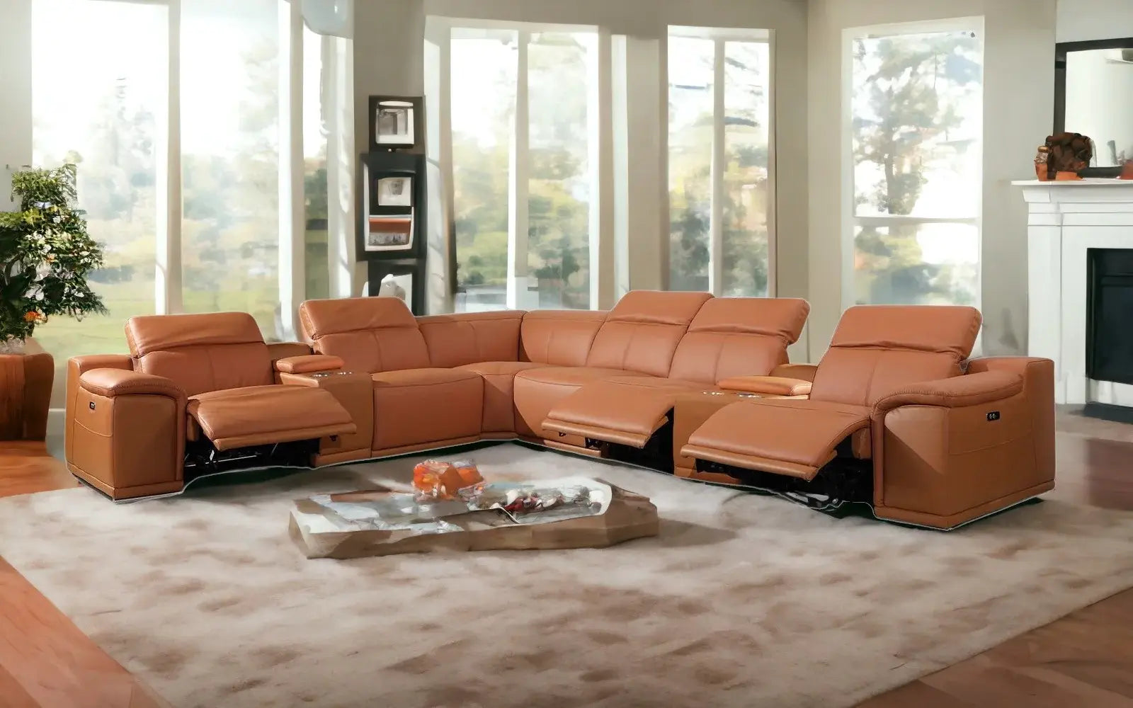 Camel Italian Leather Power Reclining U Shaped Eight Piece Corner Sectional With Console - Homeroots - Flyclothing LLC