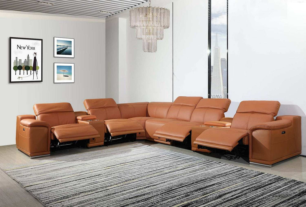 Camel Italian Leather Power Reclining U Shaped Eight Piece Corner Sectional With Console - Homeroots - Flyclothing LLC