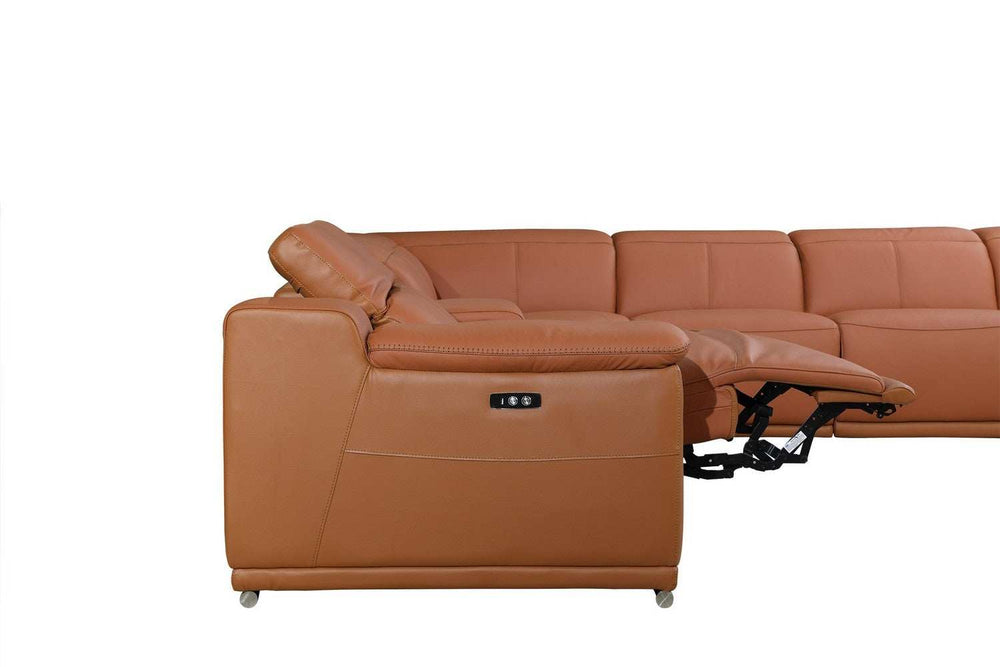 Camel Italian Leather Power Reclining U Shaped Eight Piece Corner Sectional With Console - Homeroots - Flyclothing LLC