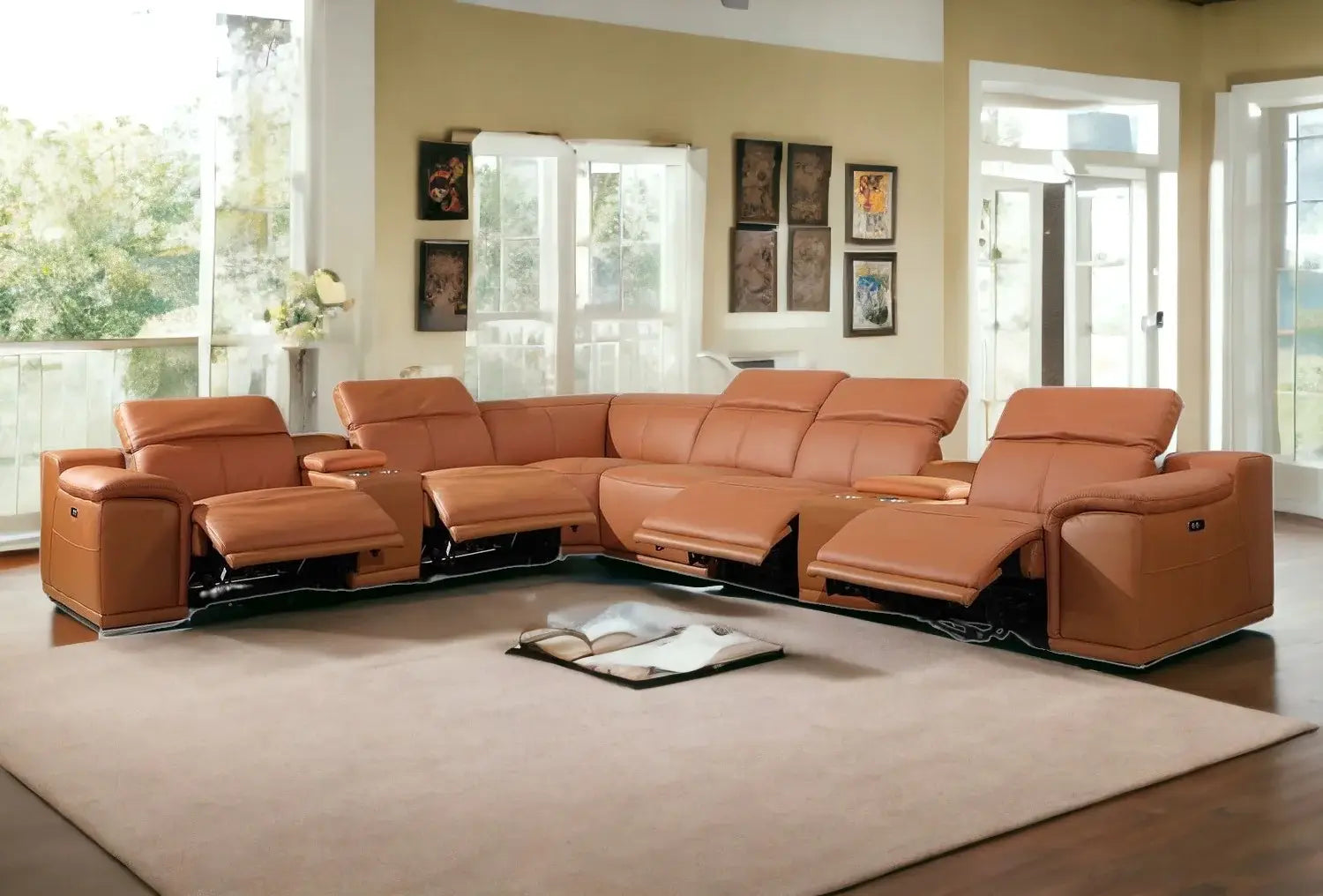 Camel Italian Leather Power Reclining U Shaped Eight Piece Corner Sectional With Console - Homeroots - Flyclothing LLC