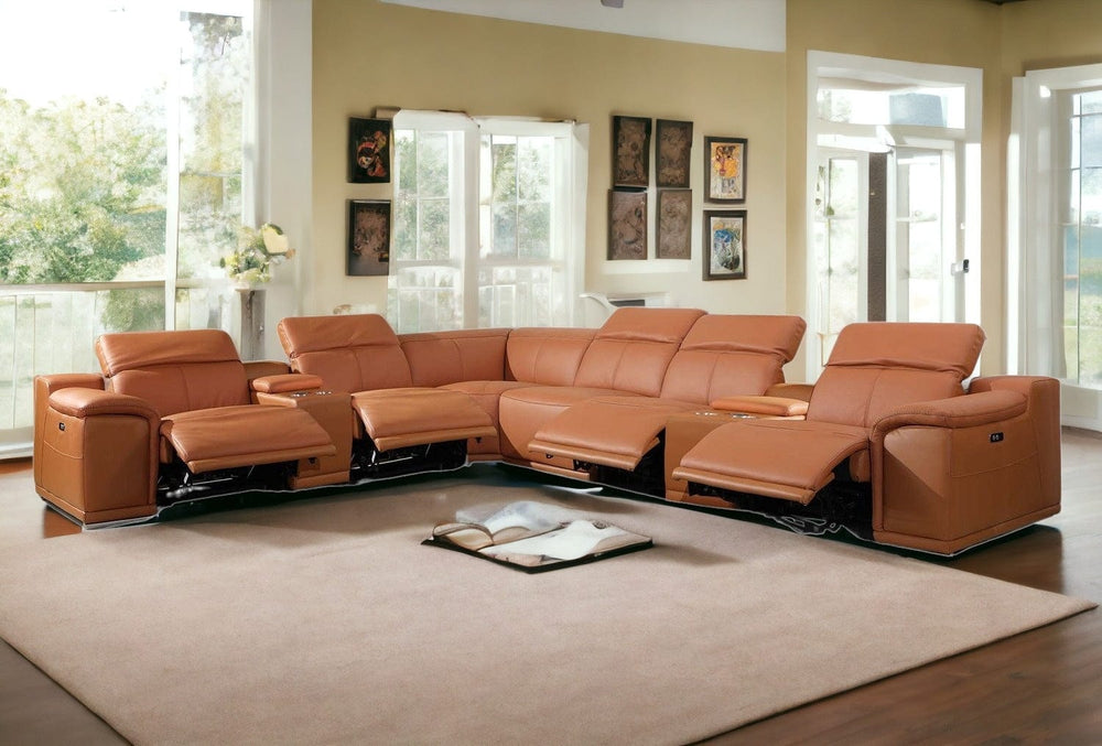 Camel Italian Leather Power Reclining U Shaped Eight Piece Corner Sectional With Console - Homeroots