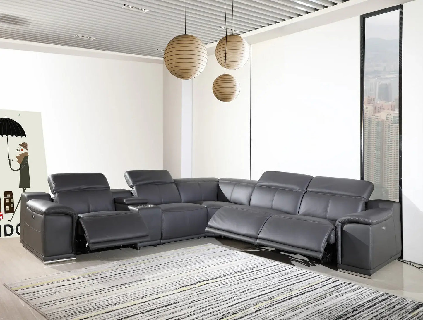 Gray Italian Leather Power Reclining U Shaped Six Piece Corner Sectional With Console - Homeroots - Flyclothing LLC