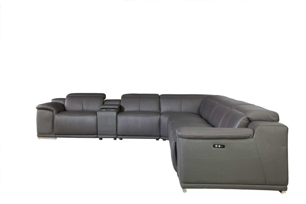 Gray Italian Leather Power Reclining U Shaped Seven Piece Corner Sectional With Console - Homeroots - Flyclothing LLC