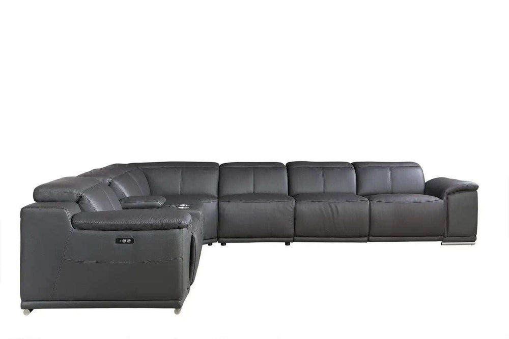 Gray Italian Leather Power Reclining U Shaped Seven Piece Corner Sectional With Console - Homeroots - Flyclothing LLC