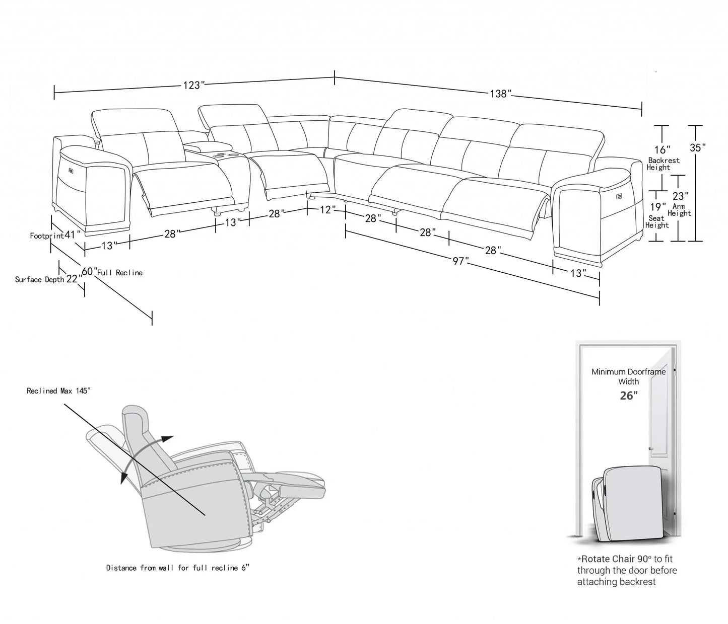 Gray Italian Leather Power Reclining U Shaped Seven Piece Corner Sectional With Console - Homeroots - Flyclothing LLC
