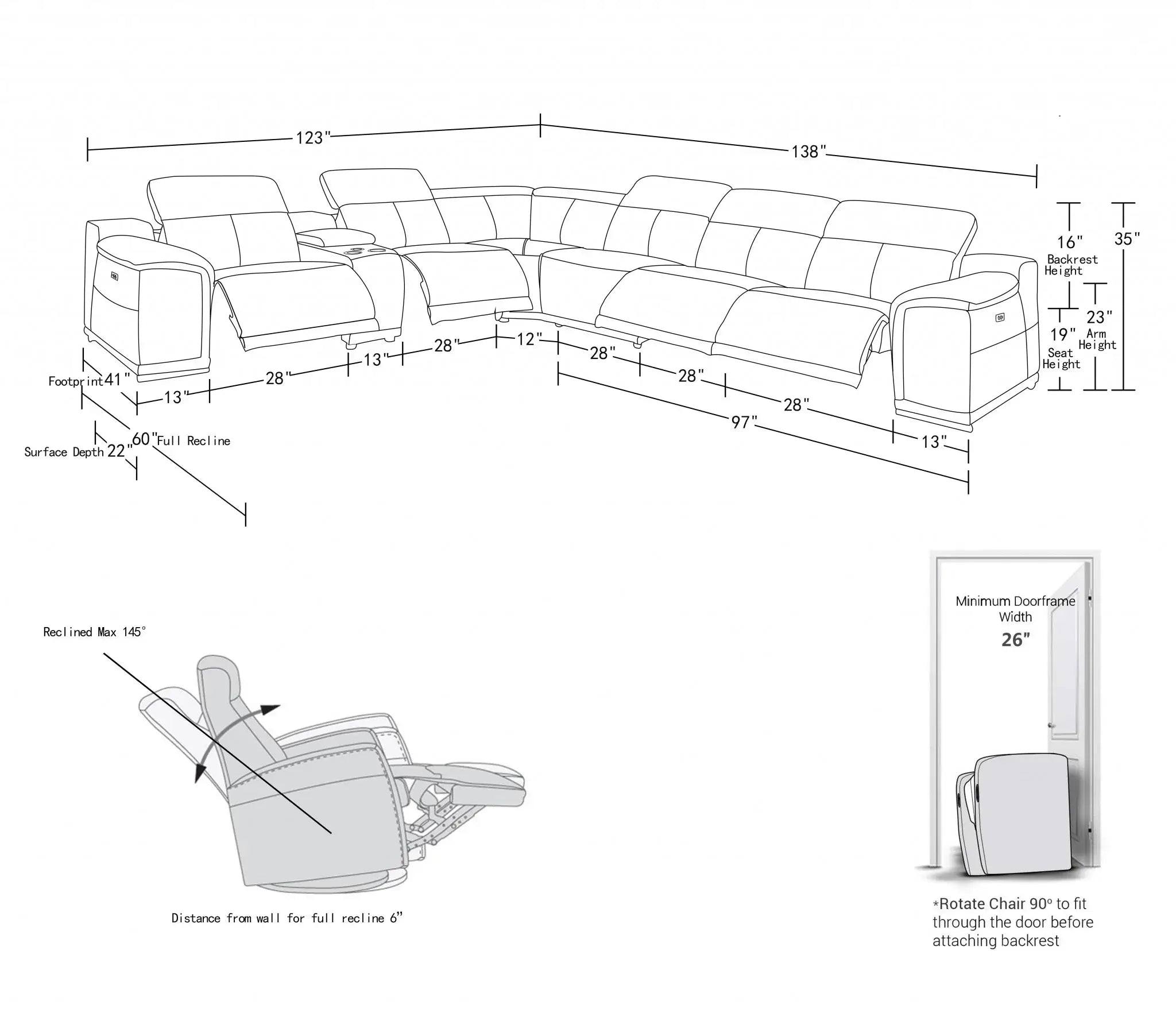 Gray Italian Leather Power Reclining U Shaped Seven Piece Corner Sectional With Console - Homeroots - Flyclothing LLC