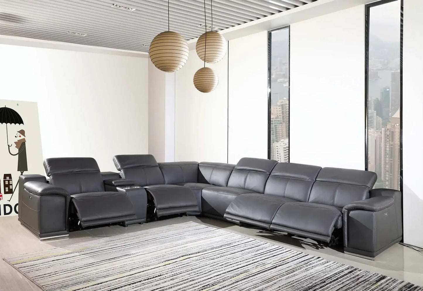 Gray Italian Leather Power Reclining U Shaped Seven Piece Corner Sectional With Console - Homeroots - Flyclothing LLC