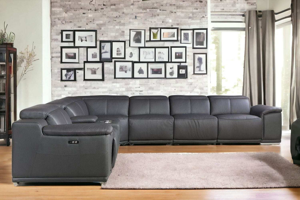 Gray Italian Leather Power Reclining U Shaped Seven Piece Corner Sectional With Console - Homeroots - Flyclothing LLC