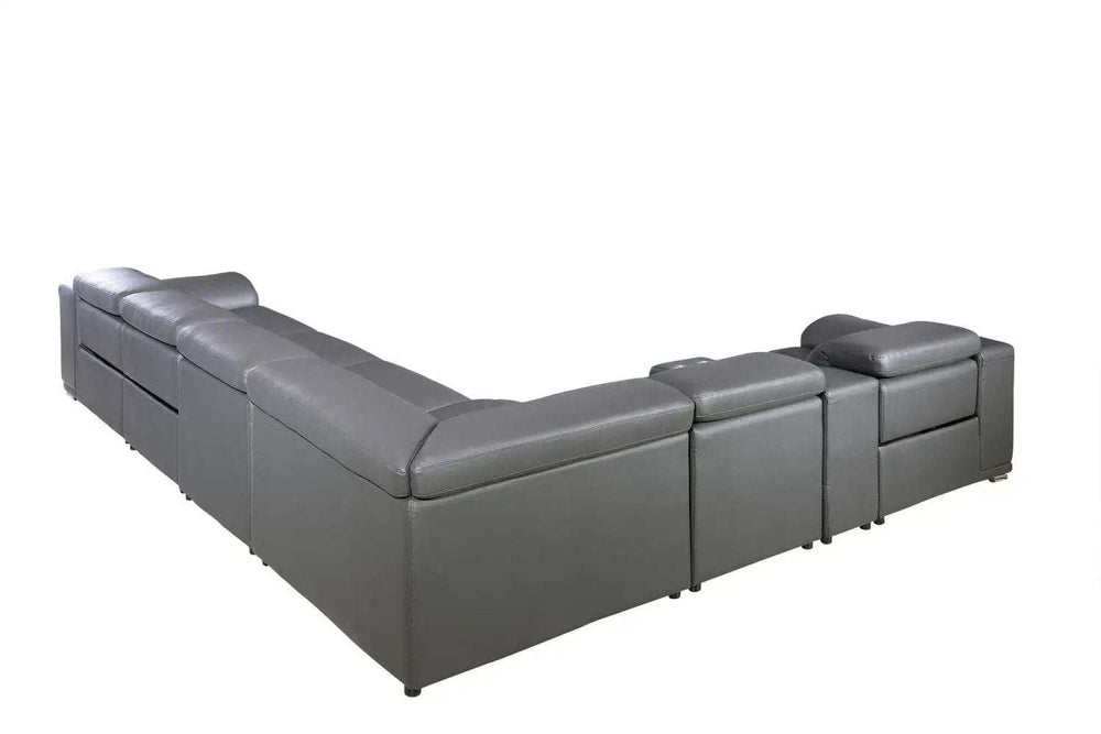Gray Italian Leather Power Reclining U Shaped Eight Piece Corner Sectional With Console - Homeroots - Flyclothing LLC