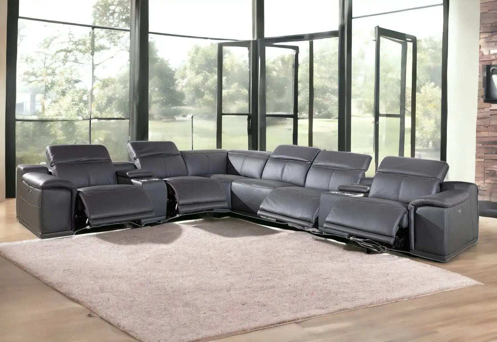Gray Italian Leather Power Reclining U Shaped Eight Piece Corner Sectional With Console - Homeroots - Flyclothing LLC