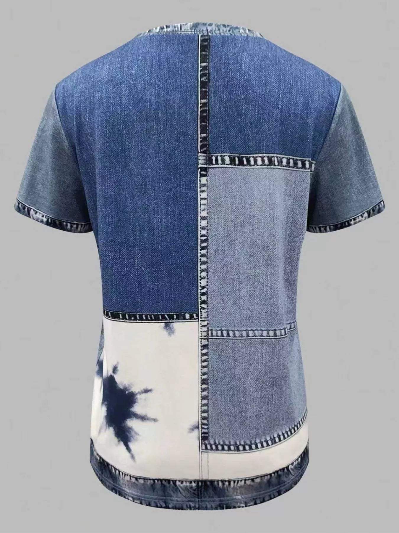 Denim Patchwork Short Sleeve Blouse - Trendsi - Flyclothing LLC