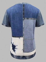 Denim Patchwork Short Sleeve Blouse - Trendsi - Flyclothing LLC