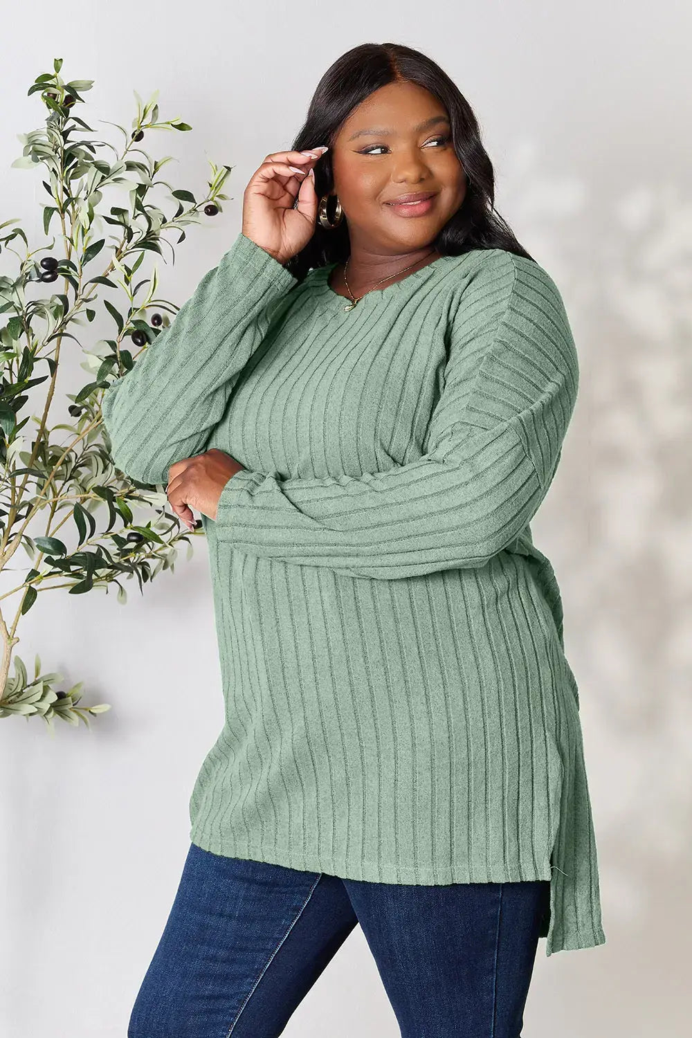 Basic Bae Full Size Ribbed Round Neck Long Sleeve Slit Top - ShopBasicbae - Flyclothing LLC