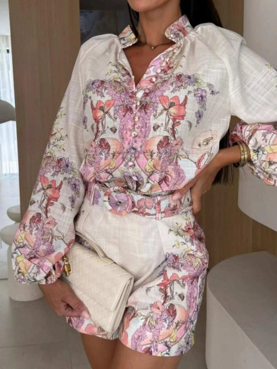 Printed Long Sleeve Shirt and Shorts Set - Trendsi - Flyclothing LLC